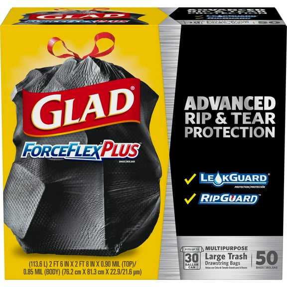 Glad® ForceFlexPlus™ Drawstring Trash Bags,  0.9 mil, 30 Gallons, Black, 50 Per Box, Carton Of 3 Boxes