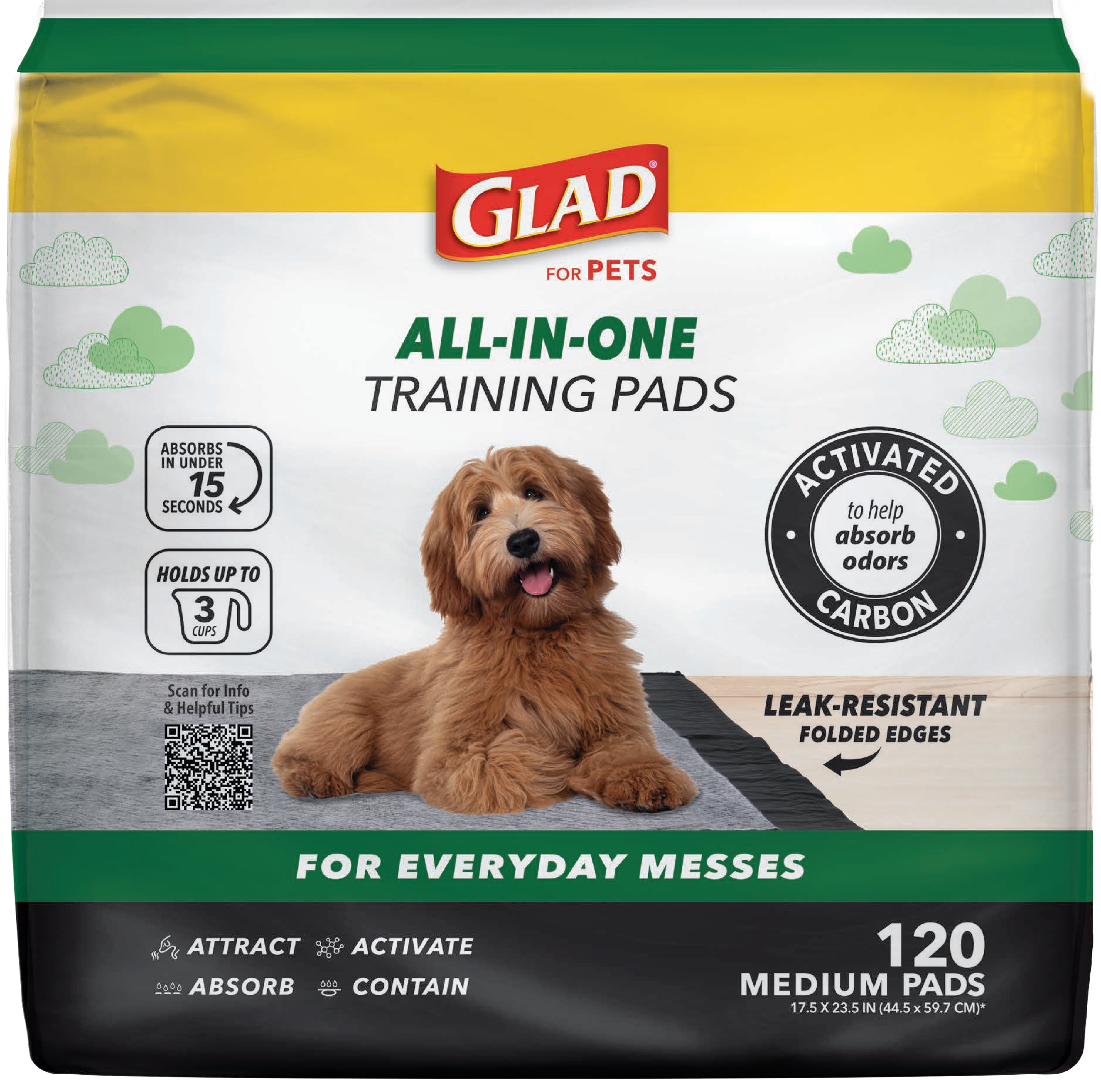 Glad Activated Charcoal Leak-Resistant Training Pads for Dogs, Medium Size, 17.5in x 23.5in, 120 Count