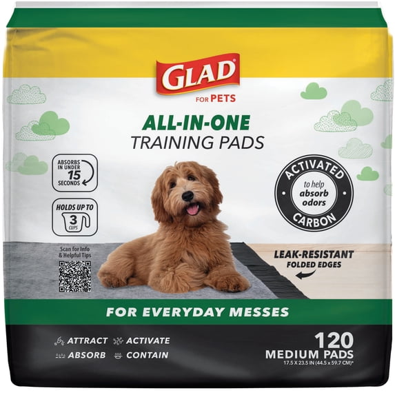 Glad Activated Charcoal Leak-Resistant Training Pads for Dogs, Medium Size, 17.5in x 23.5in, 120 Count