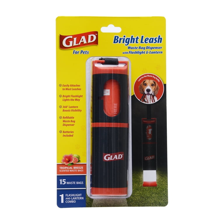 Dog leash with flashlight and sale bag dispenser