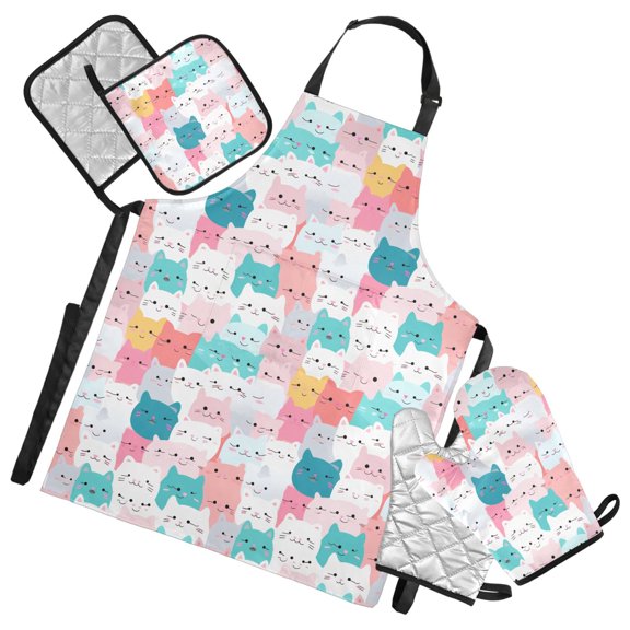Glad Cat Face 5 Pcs Kitchen Set Heat Resistant Oven Mitts and Non-Slip Pot Holders with Adjustable Cooking Apron