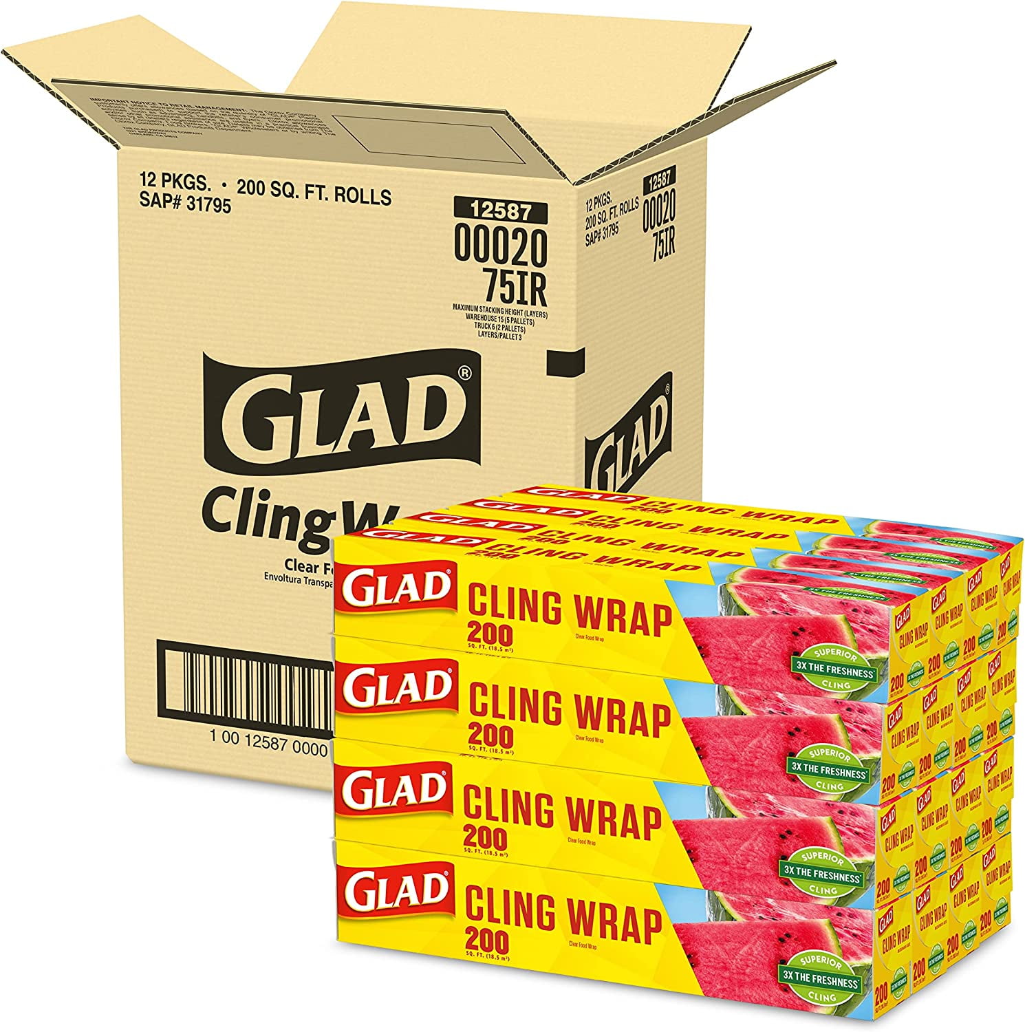Glad Cling N Seal Plastic Food Wrap, 200 Square Foot Roll, Pack of 12, (Package May Vary)