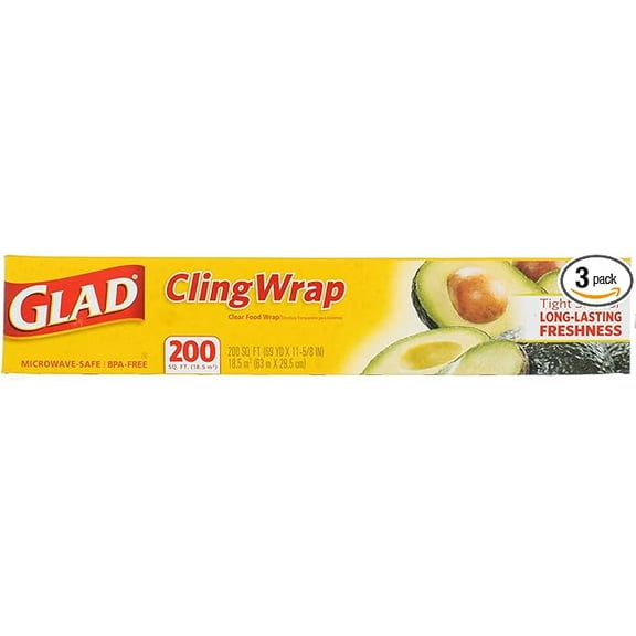 Glad Cling Wrap Clear Plastic Wrap, 200 Sq Ft (Pack of 3)