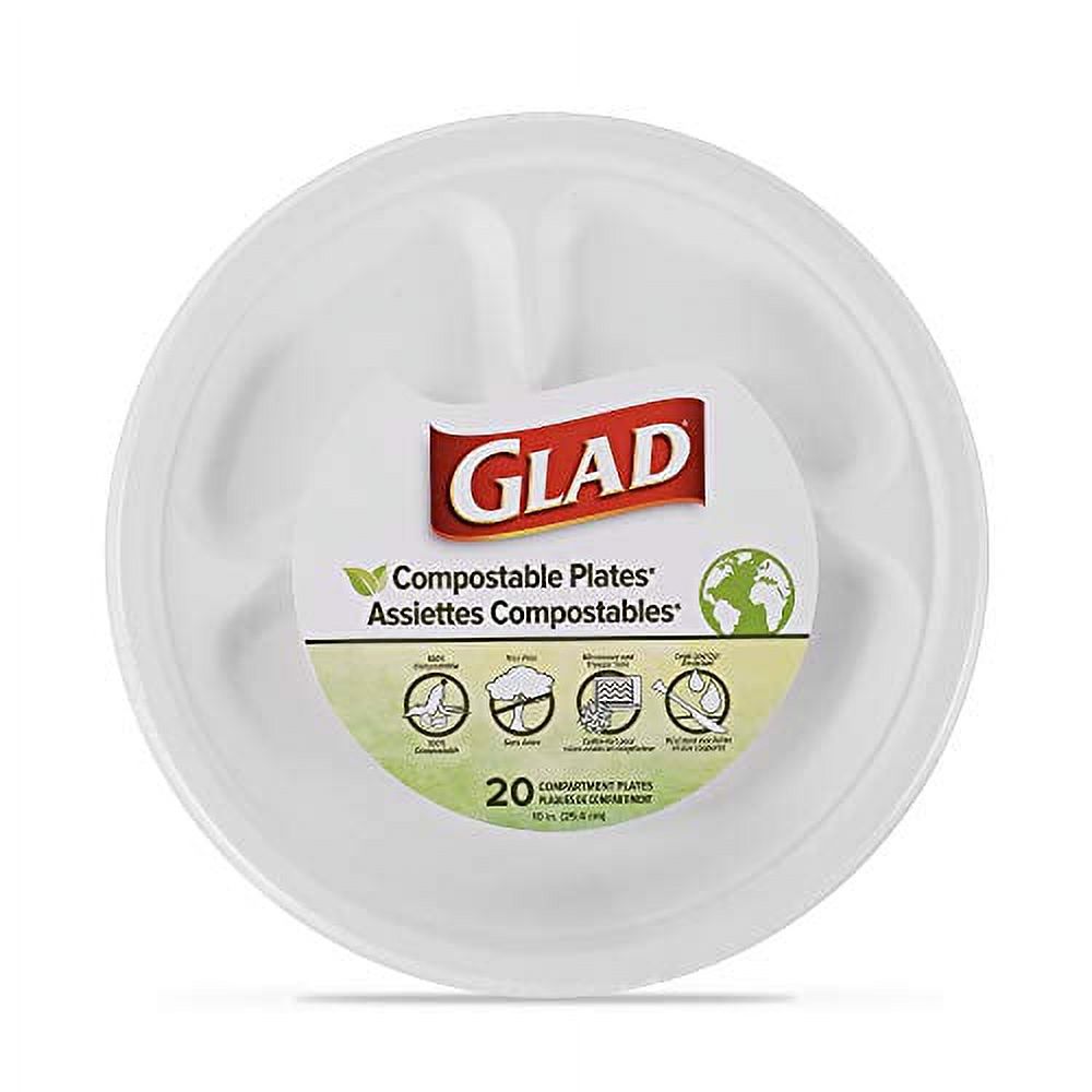 Glad Compostable Compartment Plates Divided Plates, 20 Count