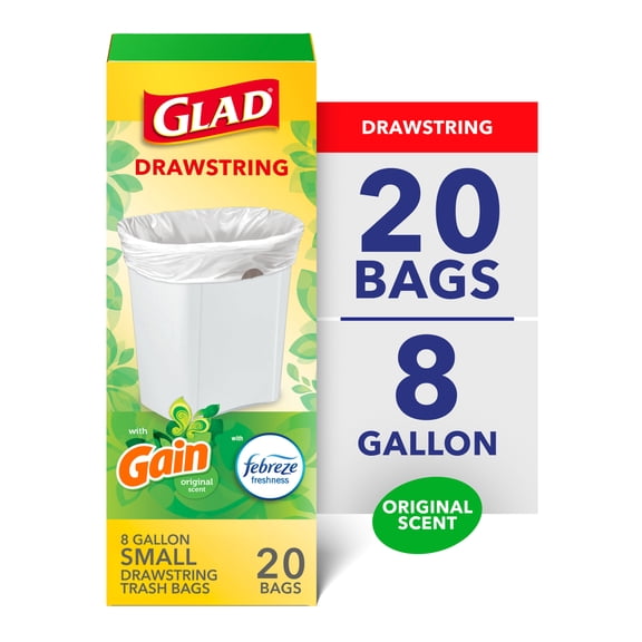 Glad Drawstring 8-Gallon Medium Trash Bags, Gain Original Scent, 20 Bags