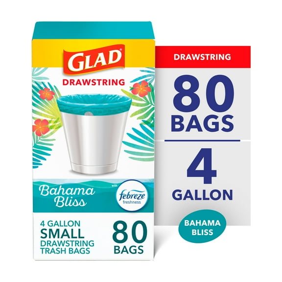 Glad Odorshield Small Drawstring Trash Bags, 4 Gallon, Teal, Febreze Bahama Bliss, 80 Count