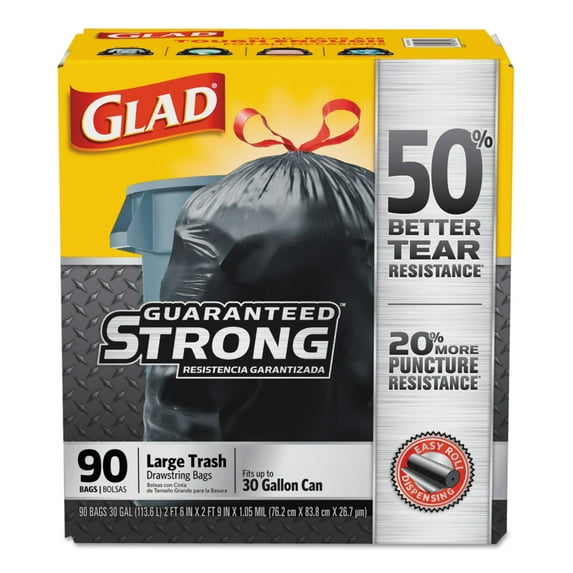 Glad Drawstring Large Trash Bags, 30 x 33, 30gal, 1.05mil, Black, 90/Carton
