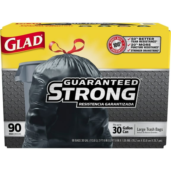 Glad Drawstring Large Trash Bags, 30 x 33, 30gal, 1.1mil, Black, 90/Carton - CLO70313