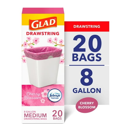 Glad OdorShield Medium Drawstring Trash Bags, 8 Gallon, Febreze Cherry Blossom, 20 Count