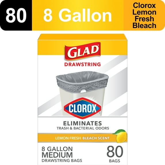 Glad Drawstring Medium Scented Trash Bags With Clorox, 8 Gallon, 80 Bags (2 Box)