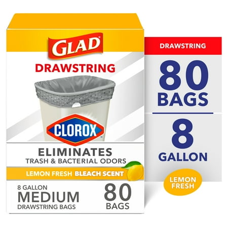 Glad Medium Drawstring Trash Bags, 8 Gallon, Lemon Fresh Bleach Garbage Bags, 80 Count