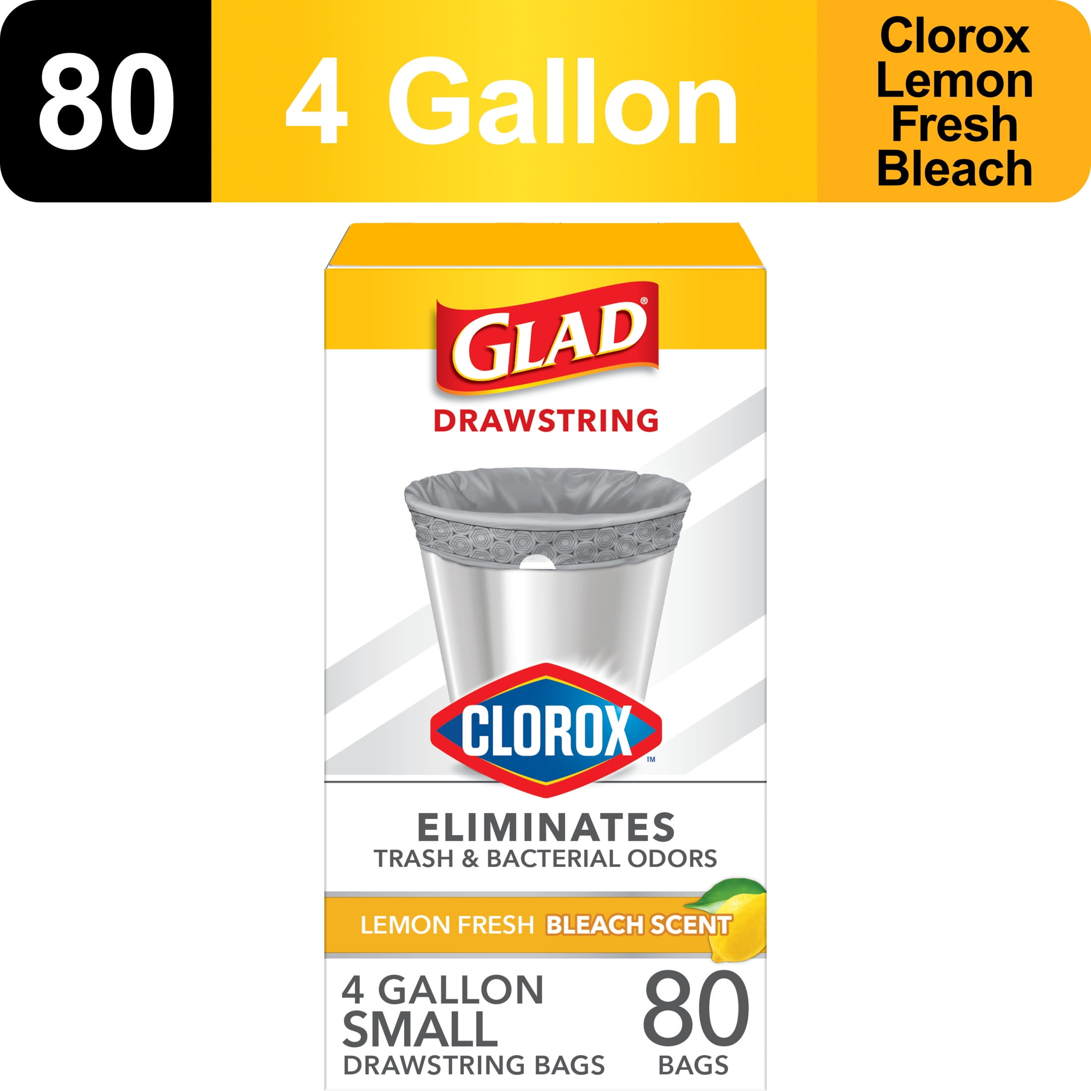 Glad Drawstring Small Trash Bags With Clorox, 4 Gallon, Lemon Fresh Bleach Scent, 80 Bags