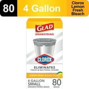 Glad Drawstring Small Trash Bags With Clorox, 4 Gallon, Lemon Fresh Bleach Scent, 80 Bags