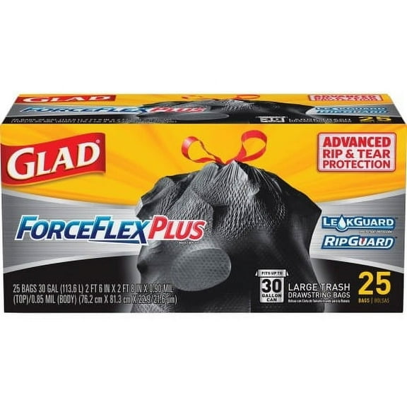 Glad Dual Defense Drawstring Large Trash Bags Large Size - 30 gal - Black - 3900/Bundle - 25 Per Box - Home, Office, Can