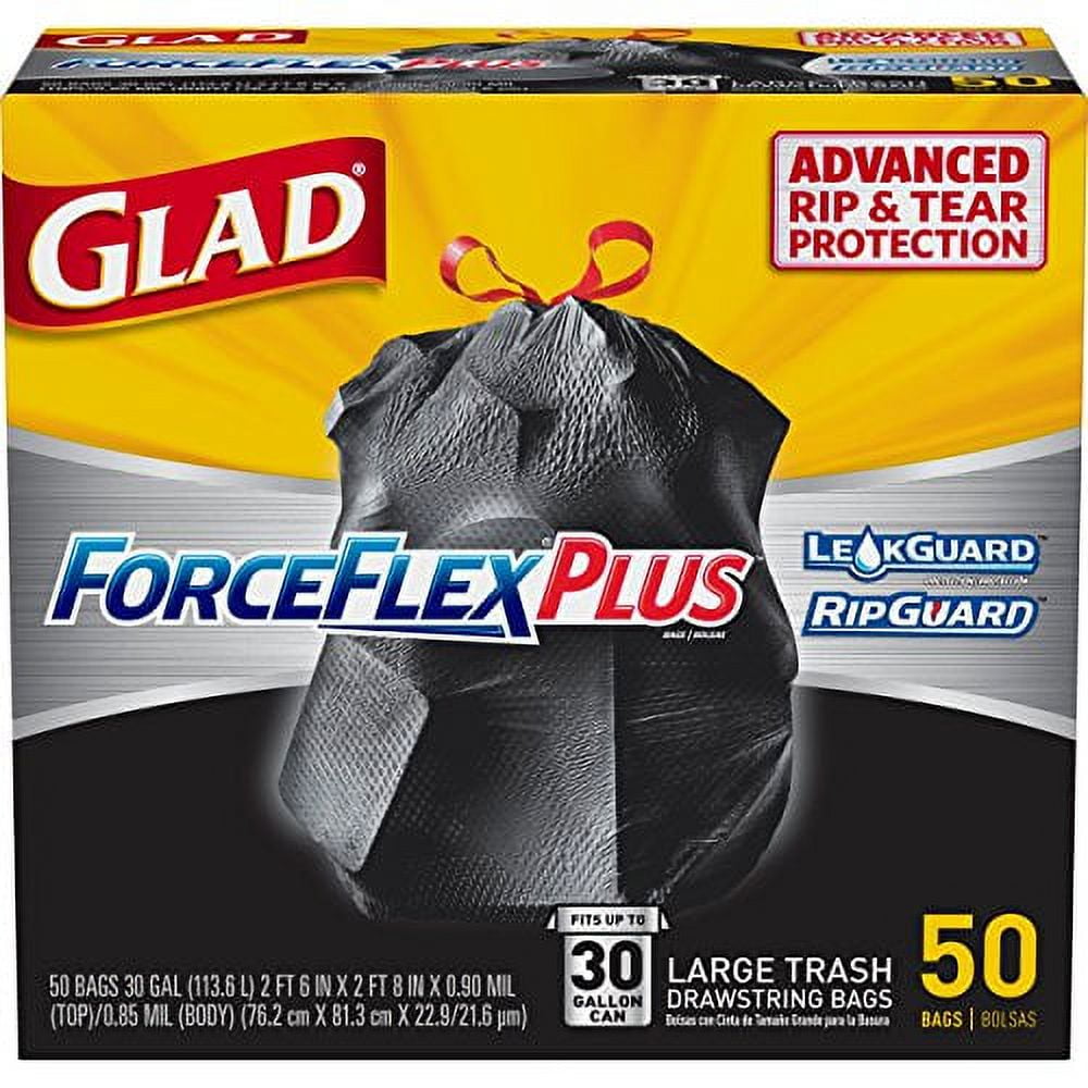 GLAD 70313 Drawstring Outdoor 30-Gallon Trash Bags, 1.05 Mil, 30 x 33,  Black (Pack of 90)