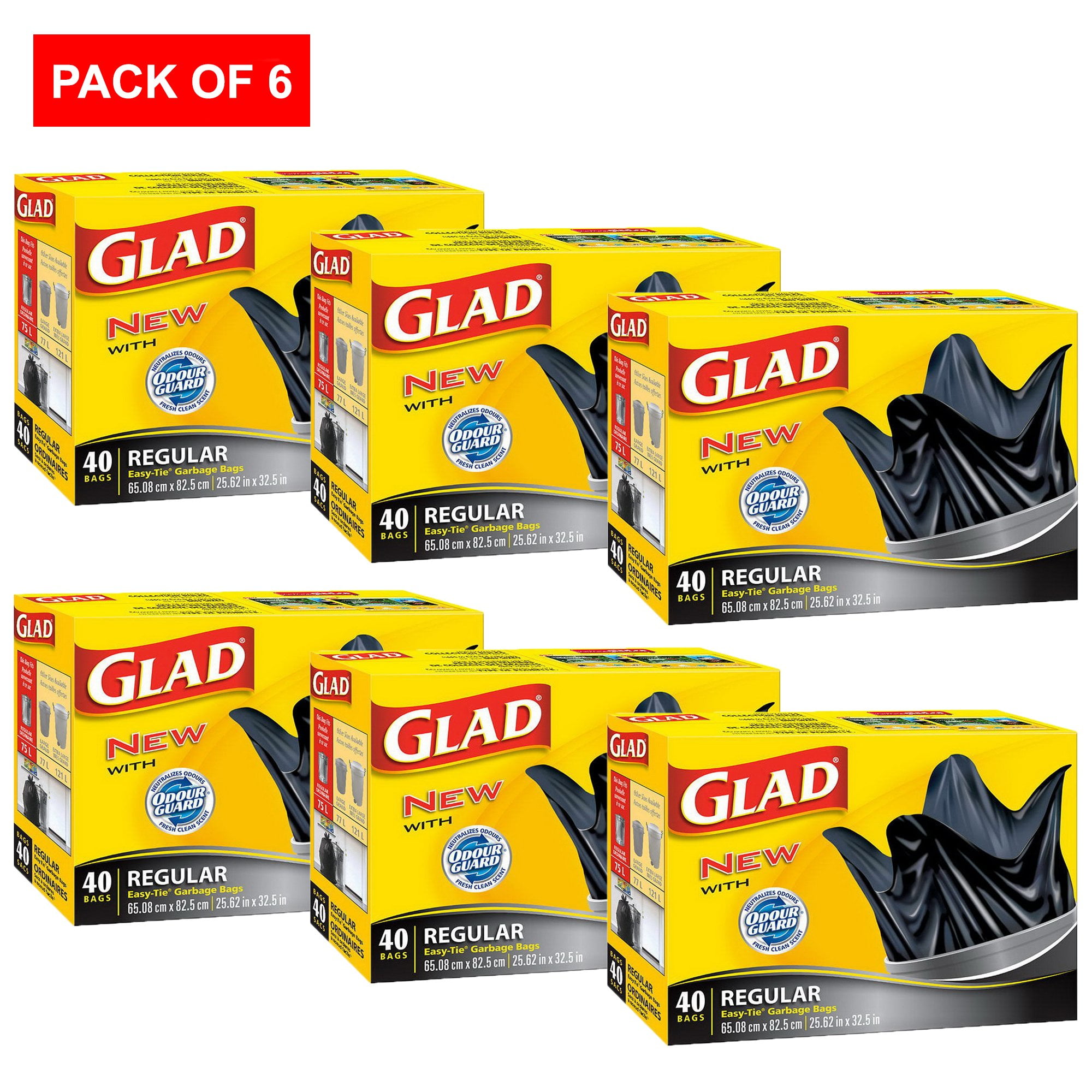 Glad Easy-Tie Regular Garbage Bags, 40 ct (Pack of 6)