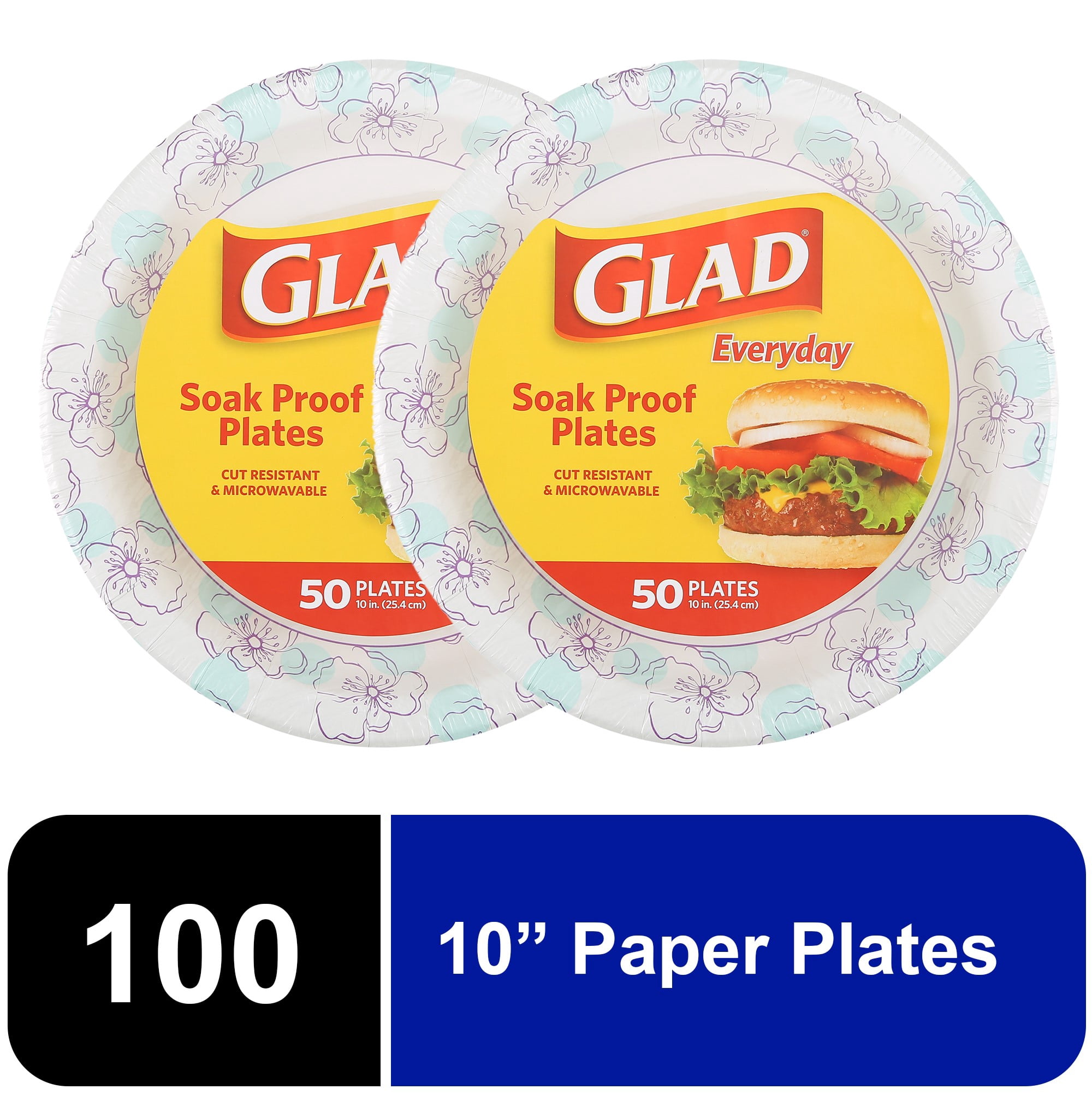 Glad Everyday 10 Inch Round Paper Plates Blue Flower Design, 2 Pack 100 Total