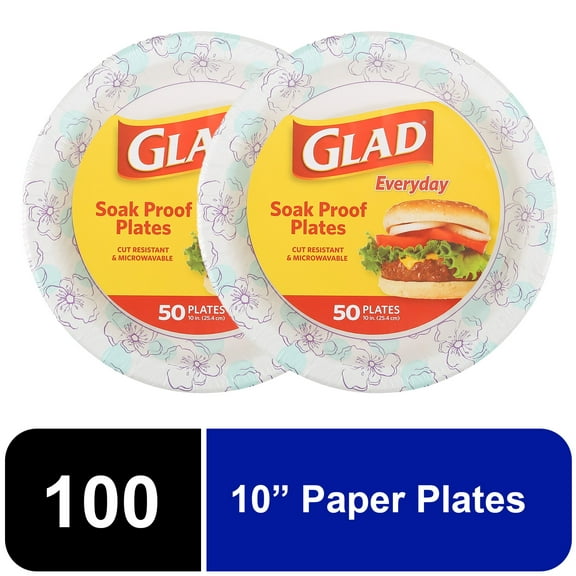 Glad Everyday 10" Round Paper Plates Blue Flower, 2 pack (100 plates total)