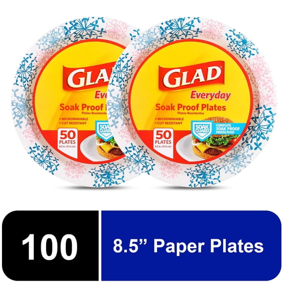 Glad Everyday 8.5" Round Paper Plates Pink Hydrangea, 2 pack (100 plates total) - pack of 2