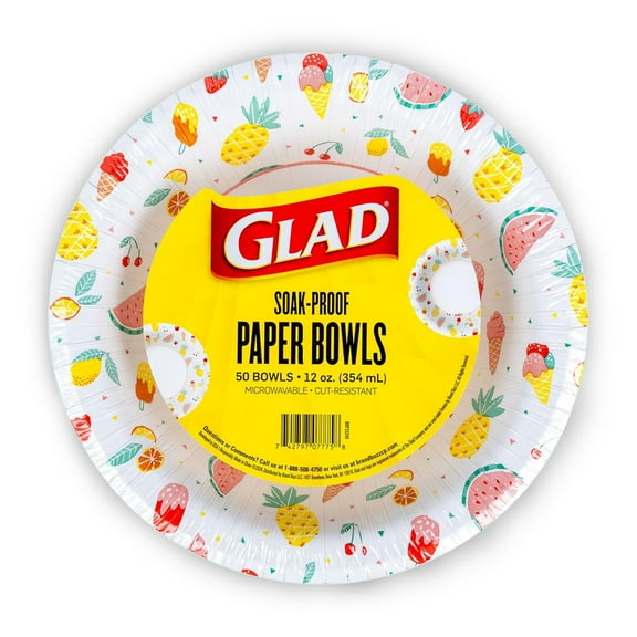 Glad Everyday Disposable Paper STF9Bowls with Picnic Design| Cut-Resistant, Microwavable Paper Bowls for All Foods & Daily Use | 12 oz, 50 Count