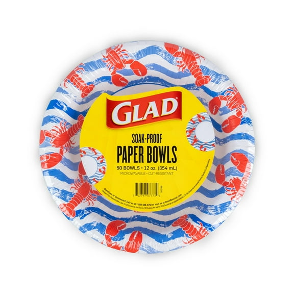 Glad Everyday Round Disposable Paper Bowls BSL1with Lobster Waves Design,| Cut-Resistant, Microwavable Paper Plates for All Foods & Daily Use | 12oz, 50 Count