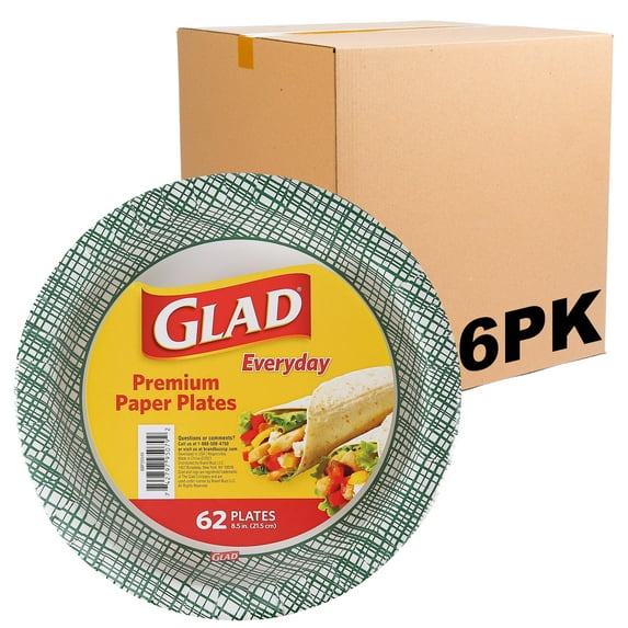 Glad Everyday Round Disposable Paper Plates AFN1with Green Weave Design | Cut-Resistant, Microwavable Paper Plates for All Foods & Daily Use | 8.5 Inches, 62 Count - 6 Pack