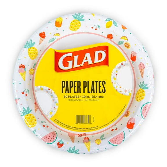 Glad Everyday Round Disposable Paper Plates AFN1with Picnic Design,| Cut-Resistant, Microwavable Paper Plates for All Foods & Daily Use | 10 Inches, 50 Count