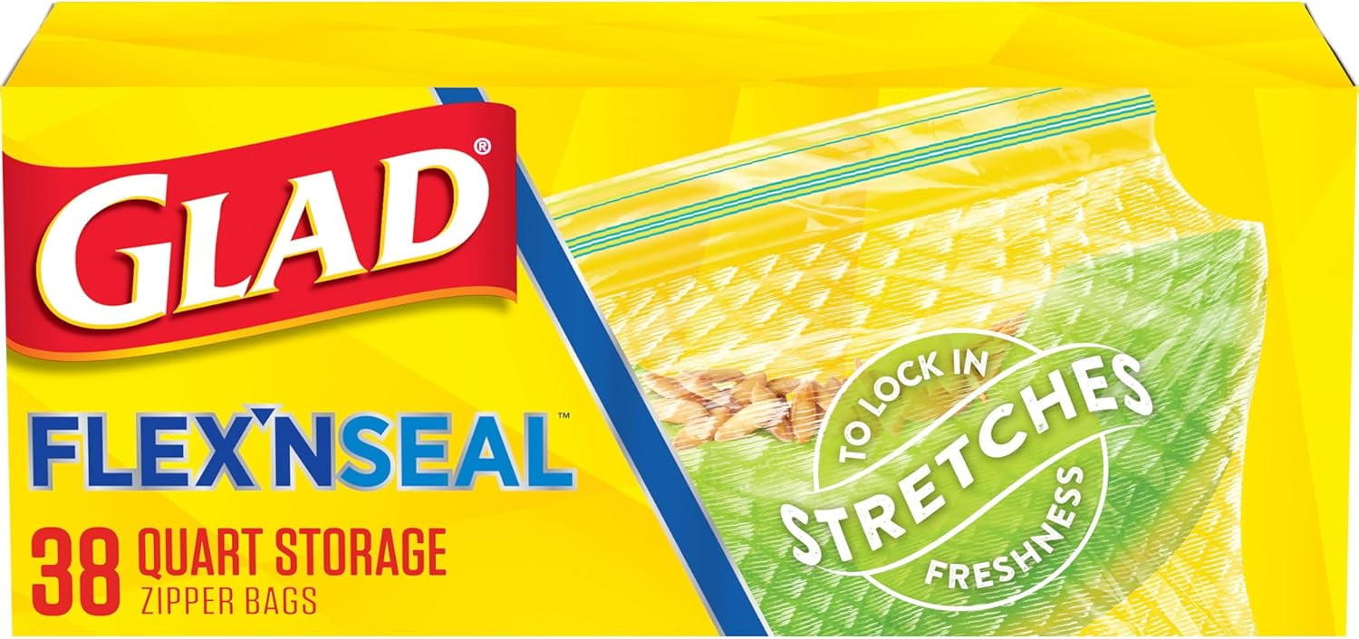Glad FLEXN SEAL Food Storage Plastic Bags Quart 38 count(Pack of 4)