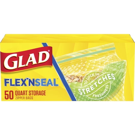 Glad FLEXN SEAL Food Storage Plastic Bags, Quart, 50 Count