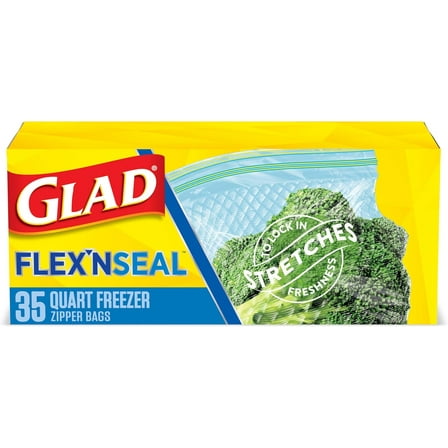 Glad FLEXN SEAL Freezer Storage Plastic Bags, Quart, 35 Count(Pack of 4)