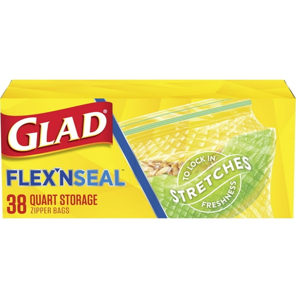 Glad FLEXN SEAL Zipper Food Storage Quart Bags, 38 Count