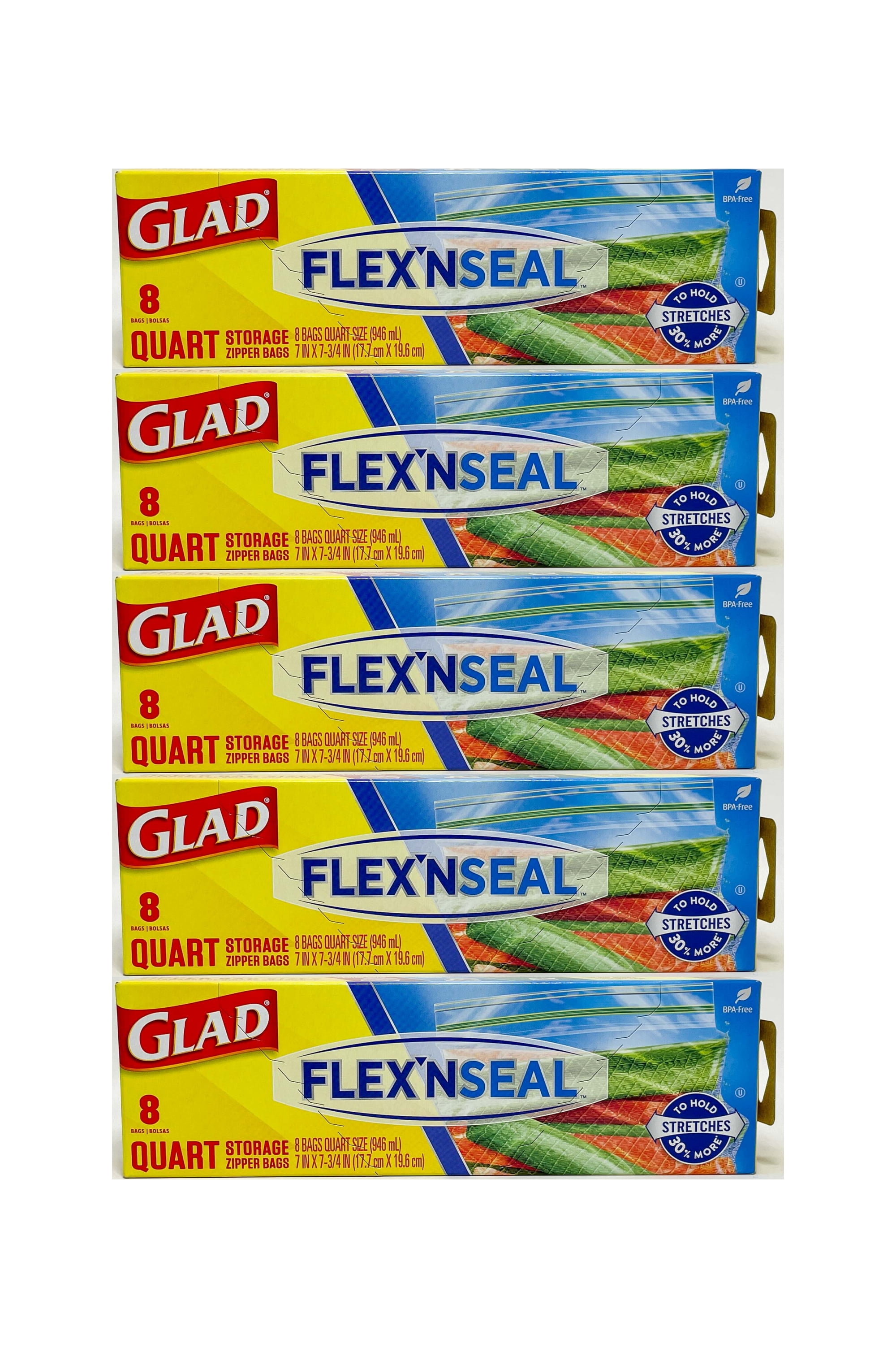 Glad FLEXN SEAL Zipper Food Storage Quart Bags, 8 Count ( Pack of 5) 40 Bags Total