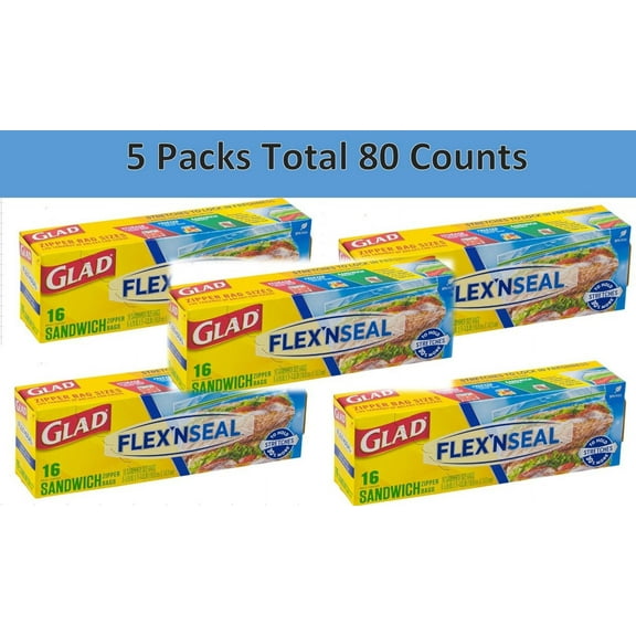 Glad FLEXN SEAL Zipper Food Storage Sandwich Bags, 16 Count (Pack of 5) 80 Counts Total