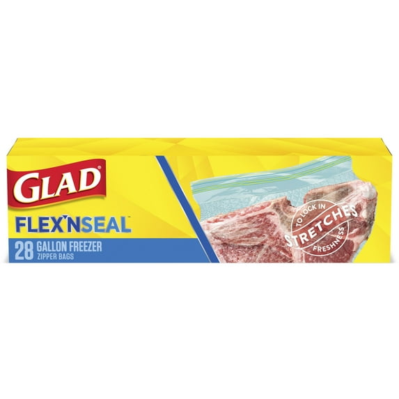 Glad FLEXN SEAL Zipper Freezer Storage Gallon Bags, 28 Count