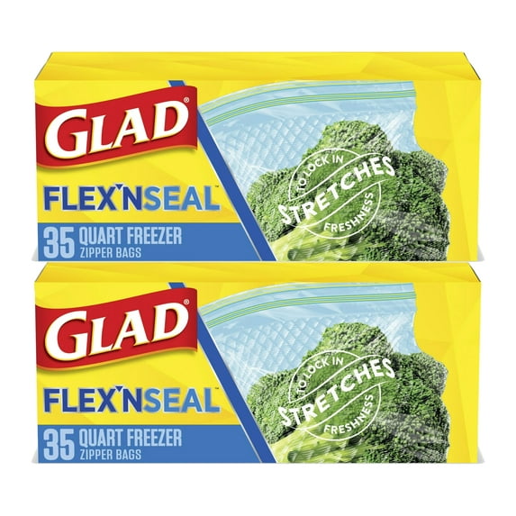 Glad FLEXN SEAL Zipper Freezer Storage Quart Bags, 35 Count ( Pack of 2)