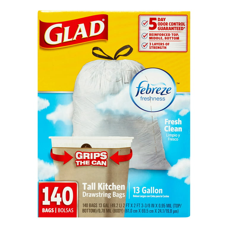 Glad® Tall Kitchen Quick-Tie® Trash Bags – OdorShield® 13 Gallon White Trash  Bag, Febreze® Fresh Clean - 72 Count, Trash Bags