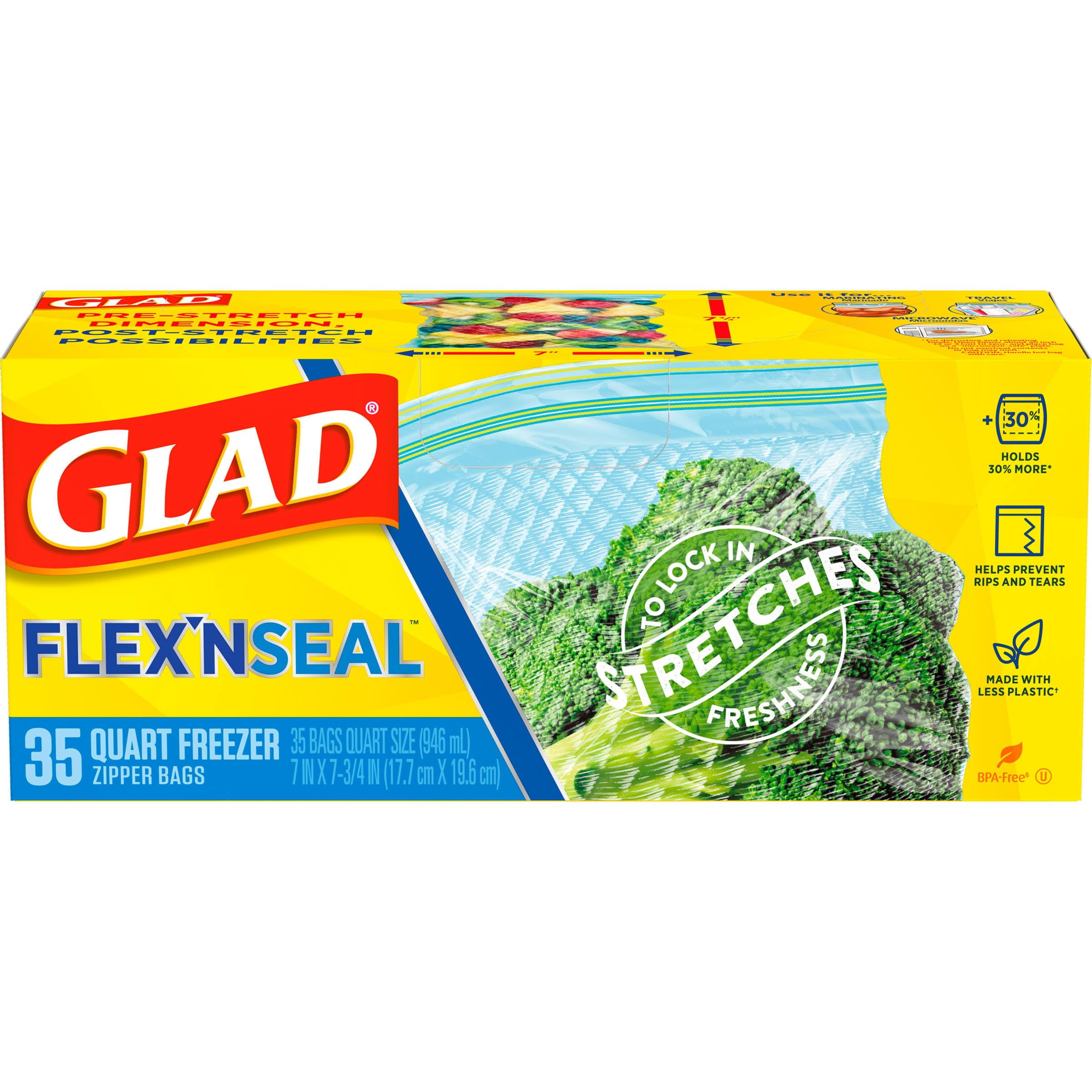 Glad Flexn Seal Freezer Storage Plastic Bags, Quart, 35 Count