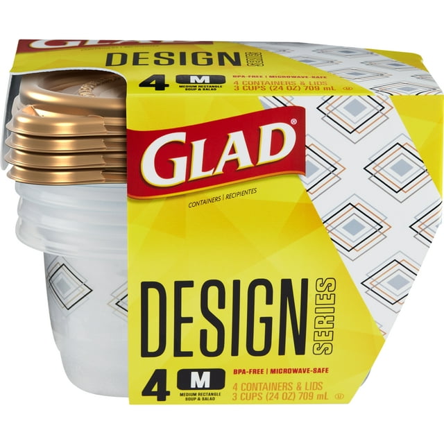 Glad Food Storage Containers - Designer Series Medium Rectangle Container - 24 oz - 4 Containers