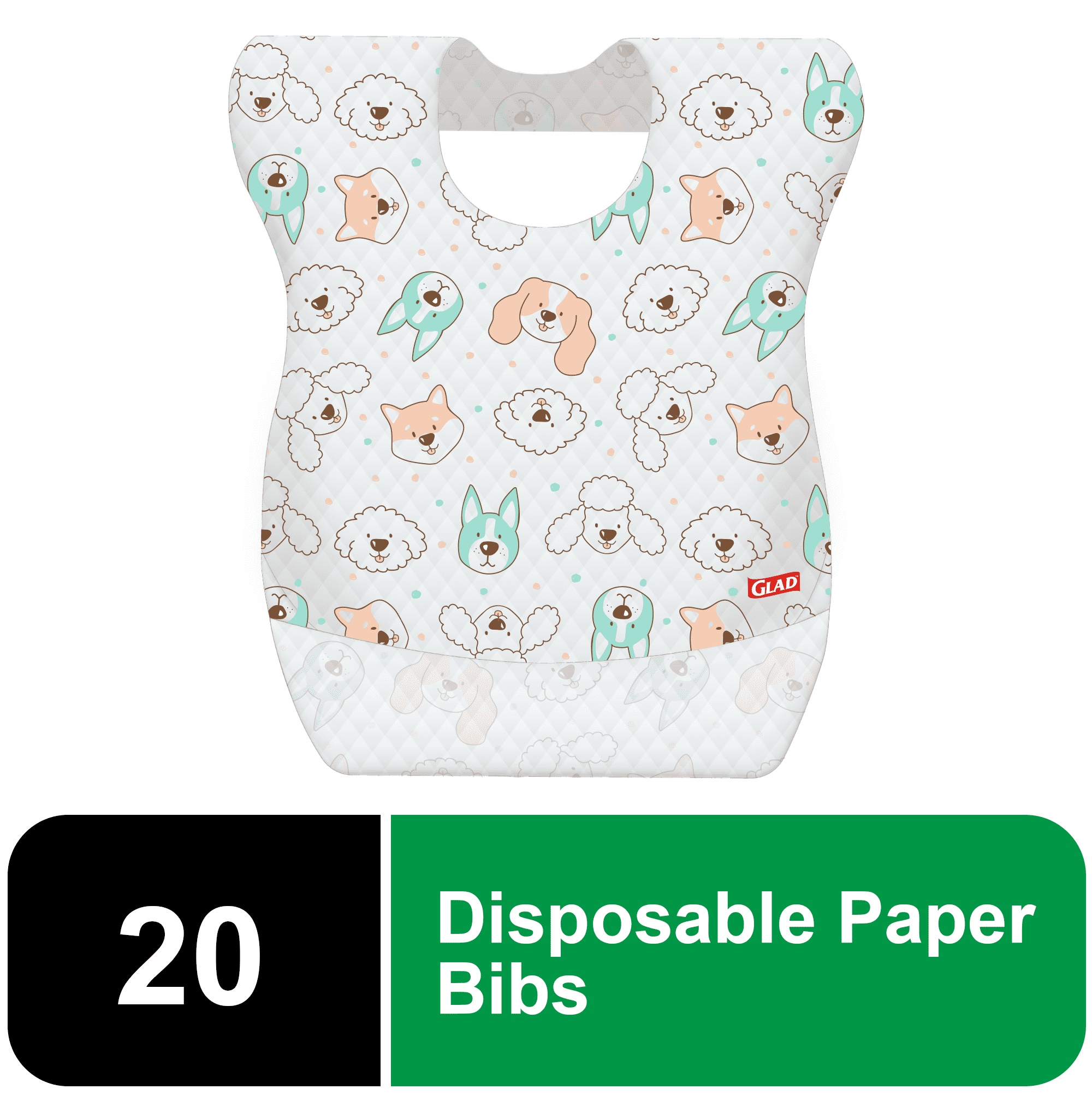 Glad for Kids Disposable Paper Bibs with Adorable Puppy Faces - 20 Count
