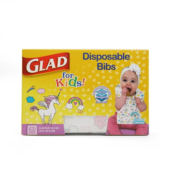 Glad For Kids Unicorn Disposable Bibs with Crumb Catcher, Absorbent and Leakproof, 30 Count