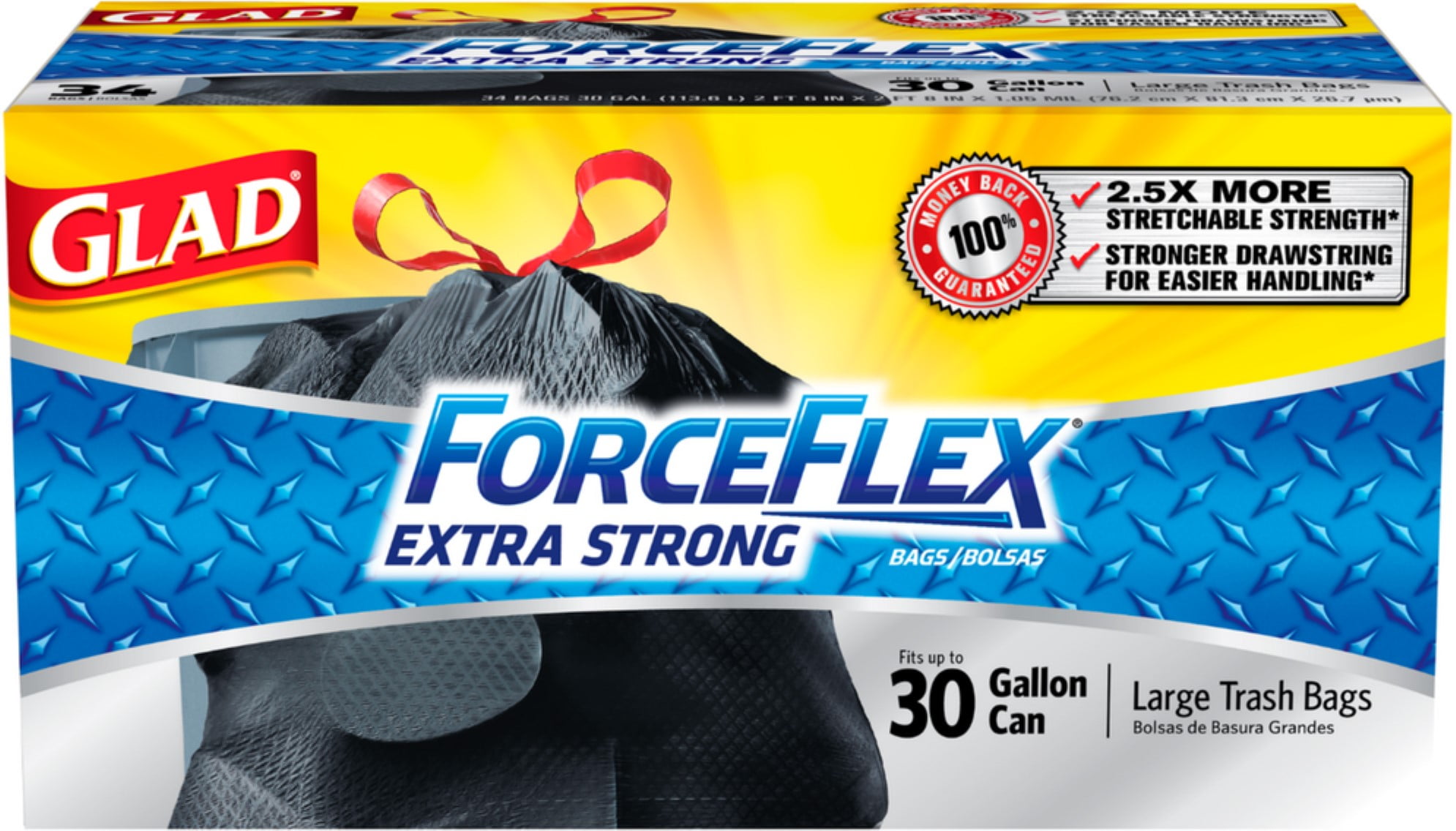 Glad Force Flex Extra Strong Large Drawstring Trash Bags, 30 Gallon