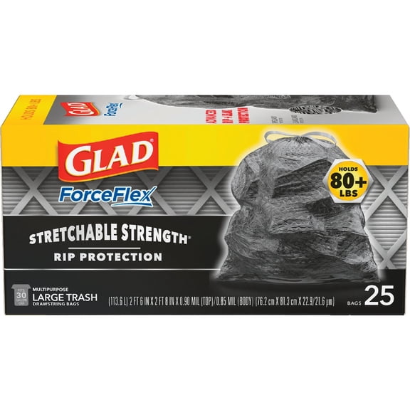 Glad Force Flex Large Trash Bags Drawstring Black - Extra Strong, Leakproof - 25 Count, 30 Gal