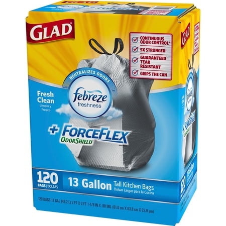 Glad Force Flex Odor Shield Drawstring, Fresh Clean Scent, 13 Gallon, White, 120 Ct