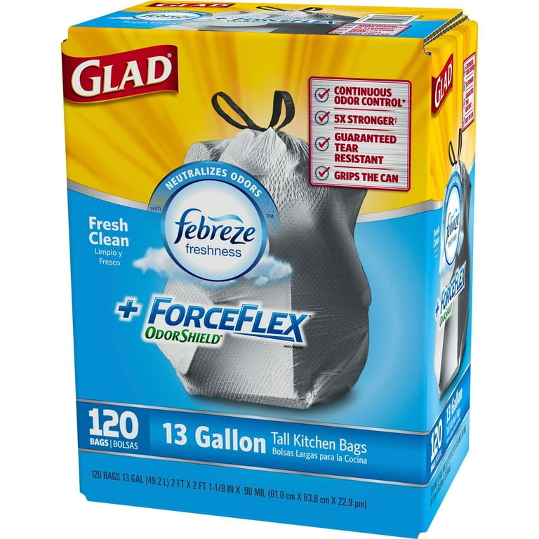 Glad Tall Kitchen Trash Bags, Drawstring with Odor Shield, Febreze Fresh  Clean Scent, Trash Bags