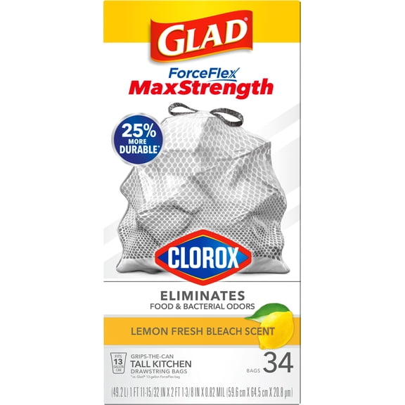 Glad 274824 13 gal Lemon Fresh Bleach Scent Odor Shield Trashbag - 34 Count