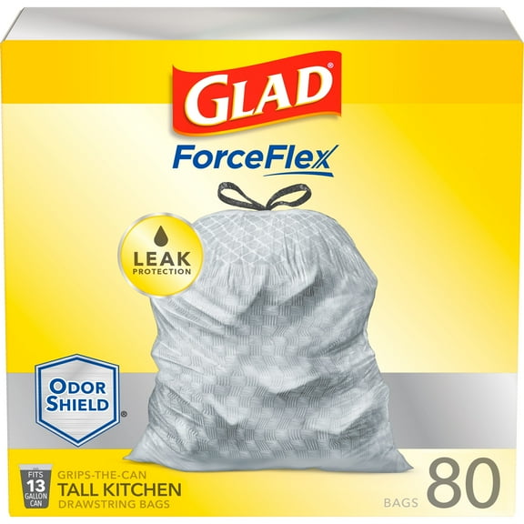 Glad ForceFlex 13 Gallon Drawstring Tall Kitchen Trash Bags, 80 Bags