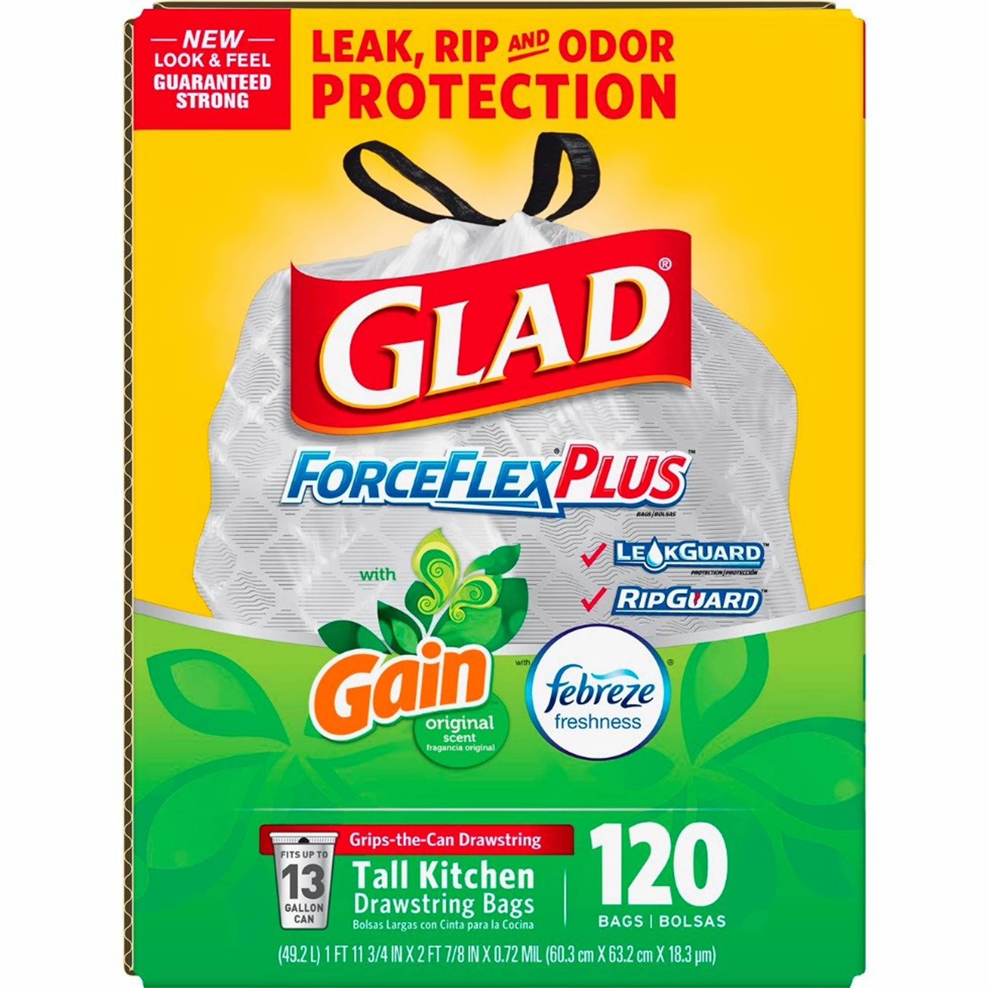 Glad ForceFlex 13 Gallon Tall Kitchen Bags with Gain Odorshield 120