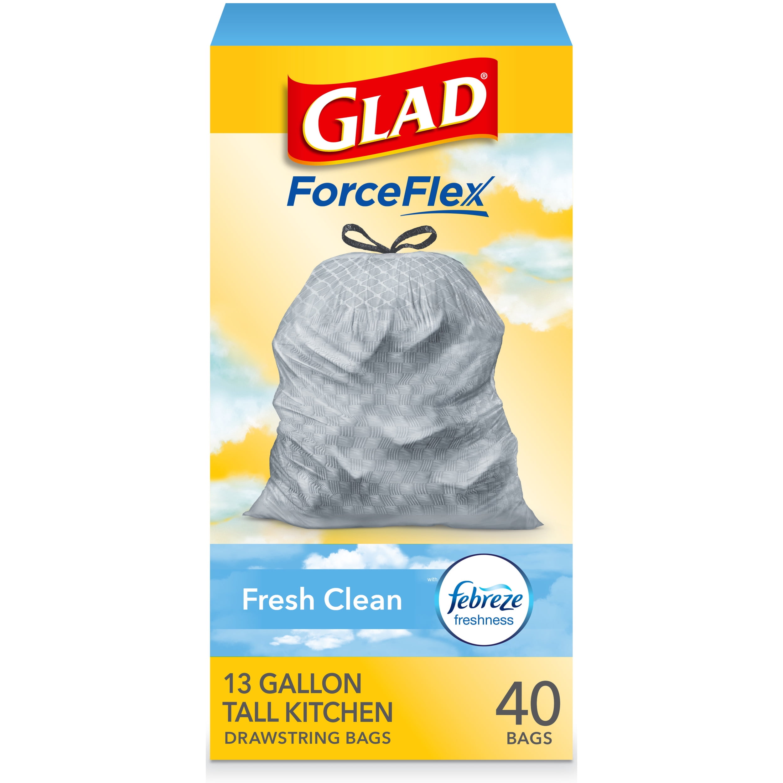GLAD ForceFlex Tall Drawstring Trash Bags, 13 Gallon White Trash Bags for  Tall Kitchen Trash Can, Gain Original Scent to Eliminate Odors, 40 Count  TRV252538 40 Count (Pack of 1)