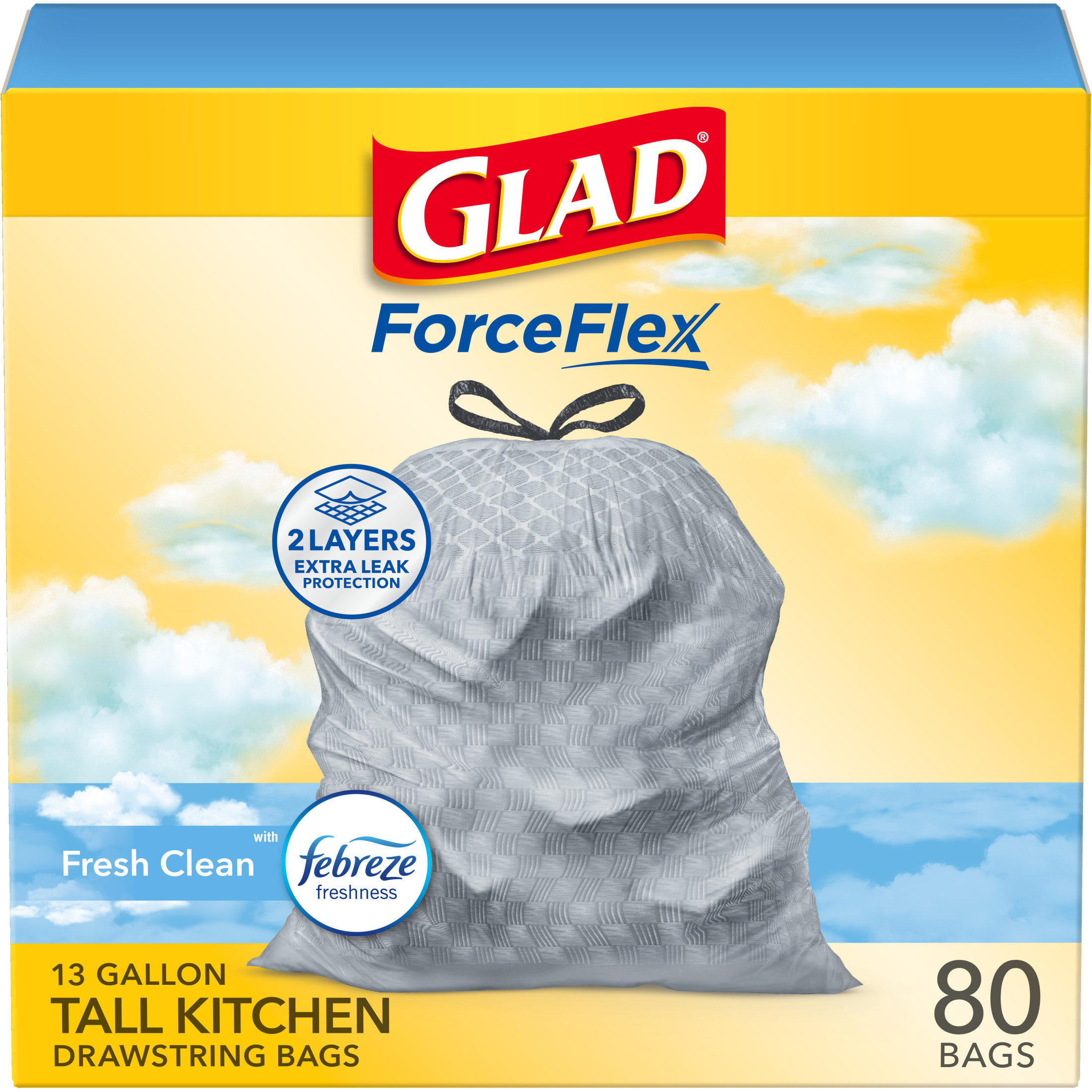 Glad ForceFlex 13-Gallon Tall Kitchen Trash Bags, Fresh Clean Scent with Febreze, 80 Bags - image 1 of 13