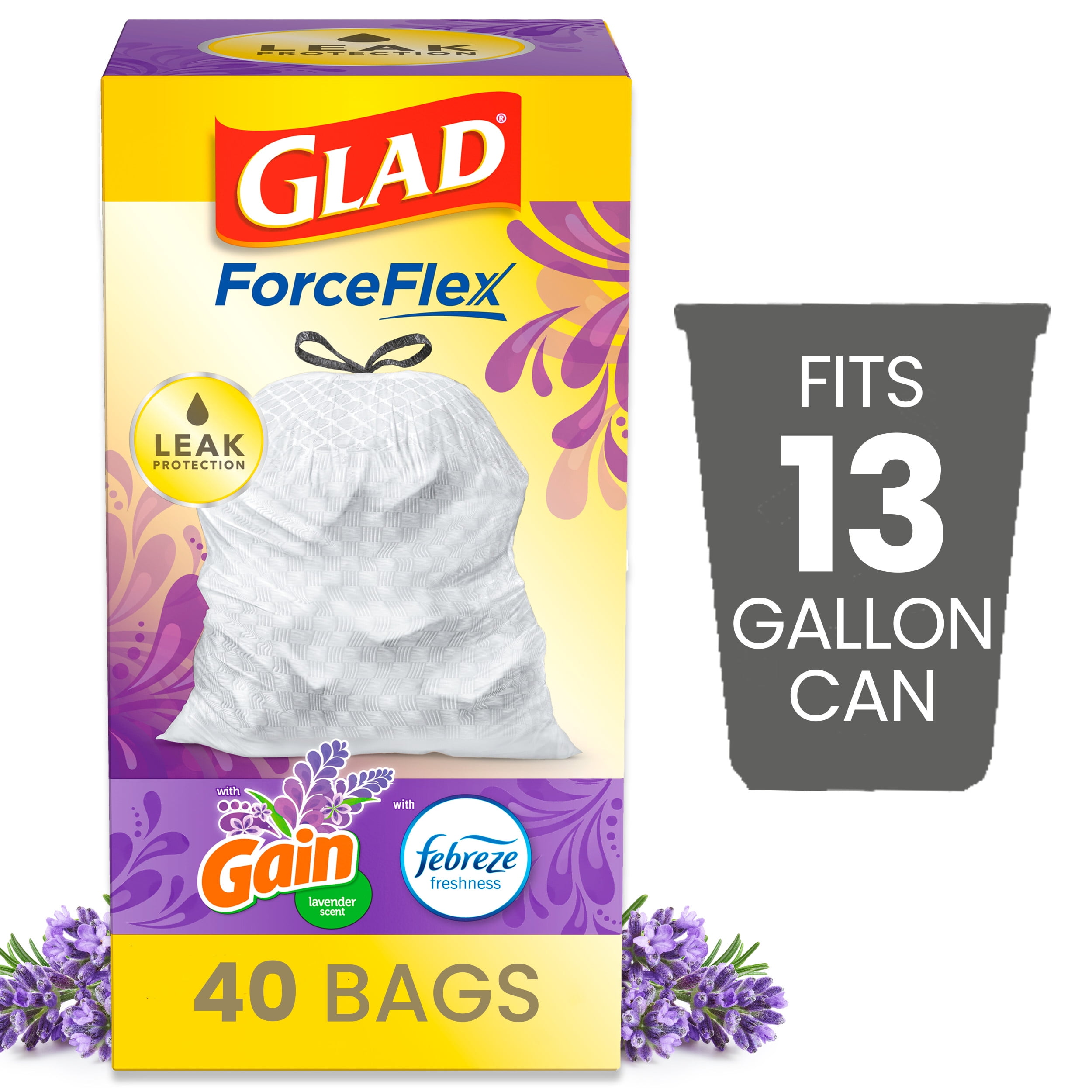 Glad ForceFlex 13 Gallon Tall Kitchen Trash Bags, Gain Lavender with
